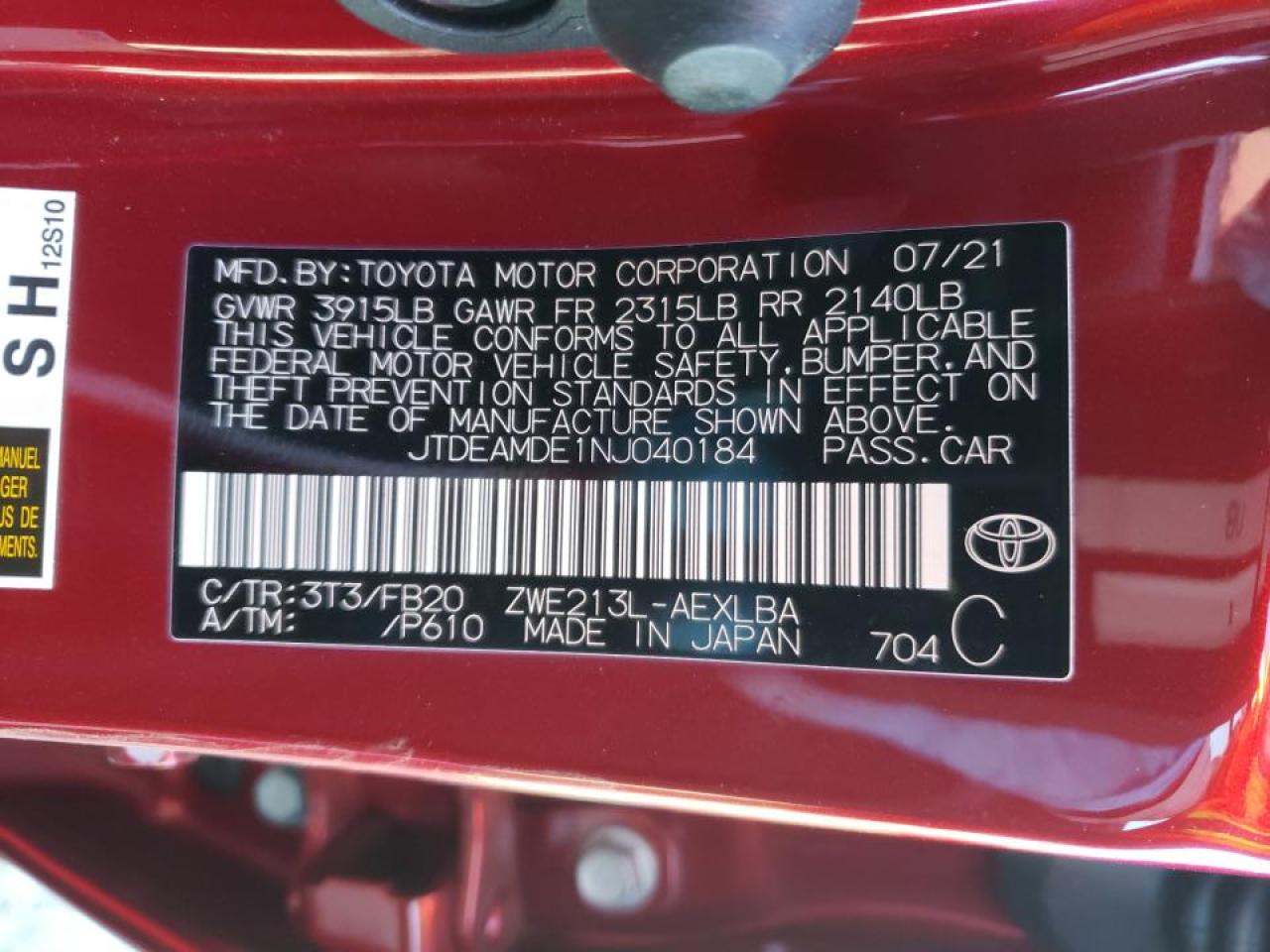 Photo 10 from auction – 2022 TOYOTA COROLLA LE with VIN JTDEAMDE1NJ040184