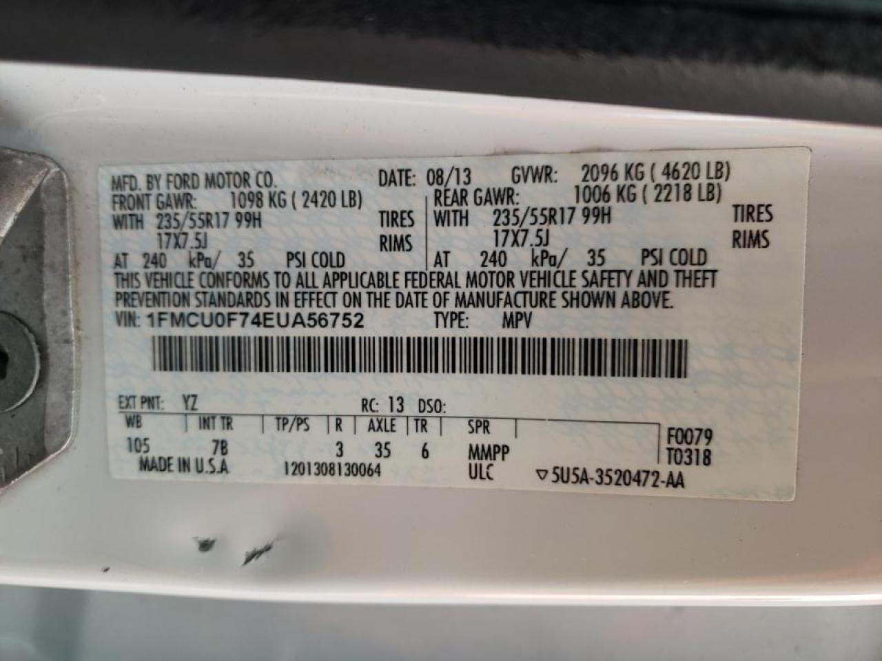 Photo 10 from auction – 2014 FORD ESCAPE S with VIN 1FMCU0F74EUA56752