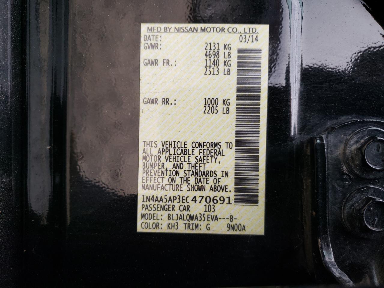 Photo 10 from auction – 2014 NISSAN MAXIMA S with VIN 1N4AA5AP3EC470691