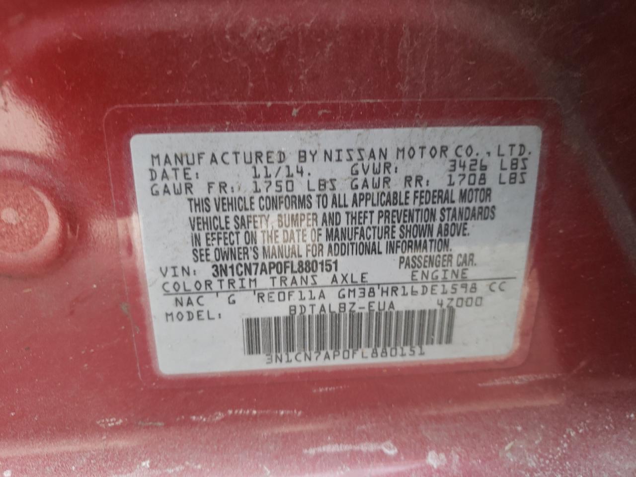 Photo 10 from auction – 2015 NISSAN VERSA S with VIN 3N1CN7AP0FL880151
