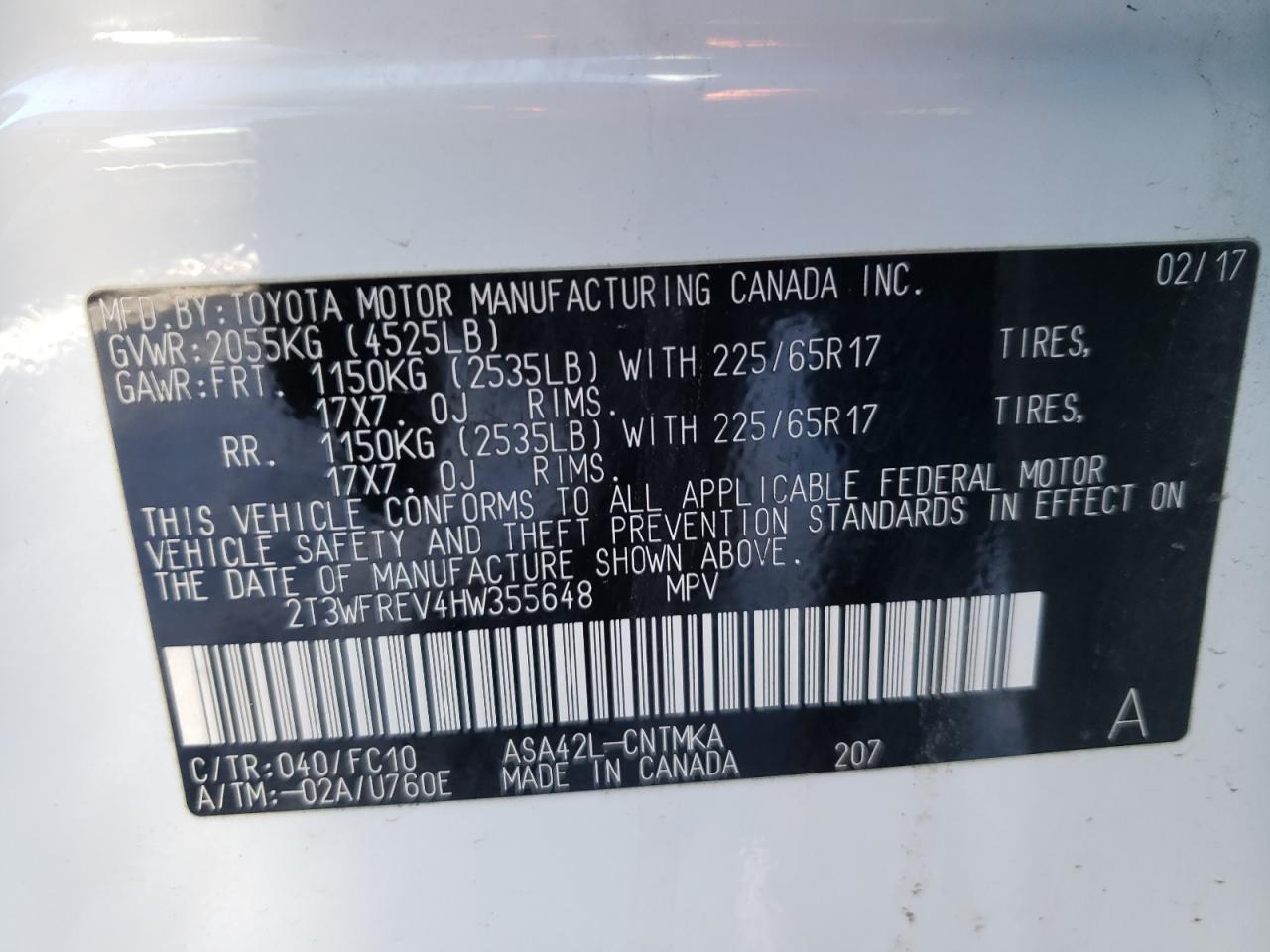 Photo 10 from auction – 2017 TOYOTA RAV4 XLE with VIN 2T3WFREV4HW355648