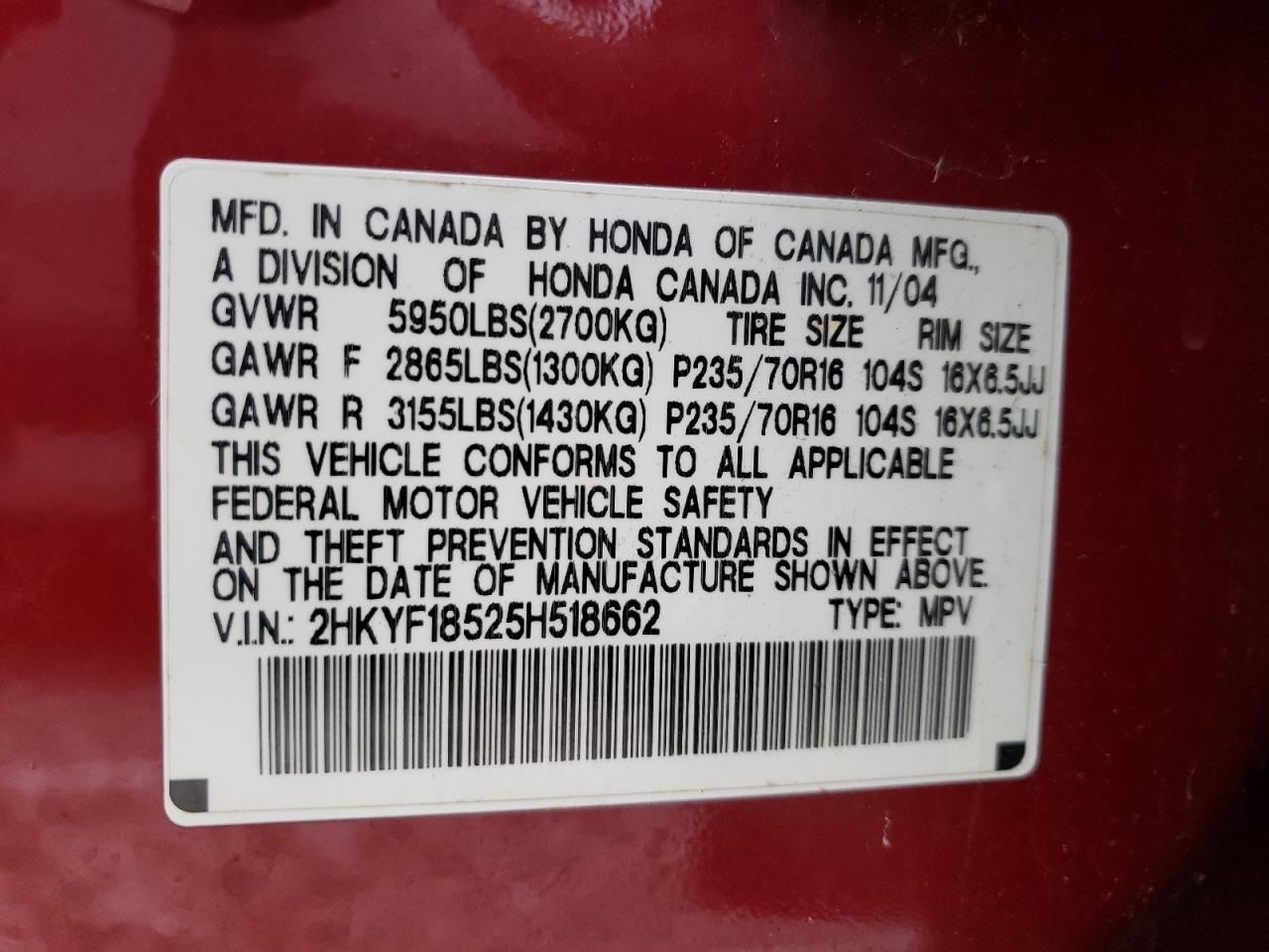 Photo 10 from auction – 2005 HONDA PILOT EXL with VIN 2HKYF18525H518662