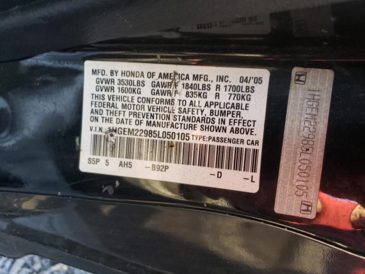Photo 10 from auction – 2005 HONDA CIVIC EX with VIN 1HGEM22985L050105