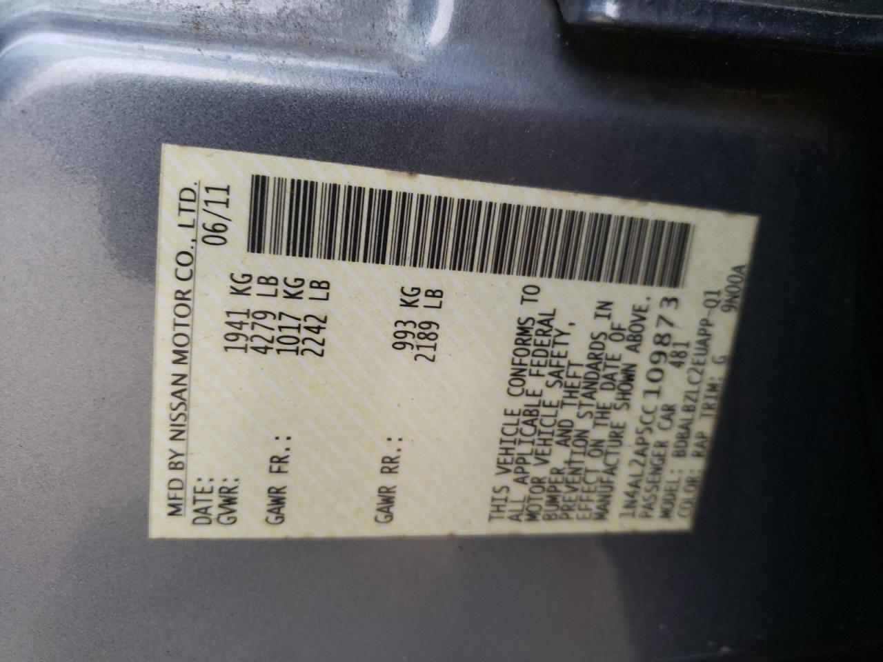 Photo 10 from auction – 2012 NISSAN ALTIMA BAS with VIN 1N4AL2AP5CC109873