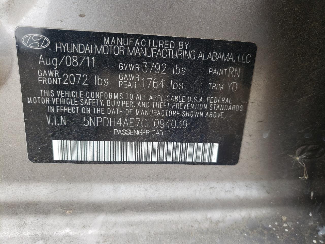 Photo 10 from auction – 2012 HYUNDAI ELANTRA GL with VIN 5NPDH4AE7CH094039