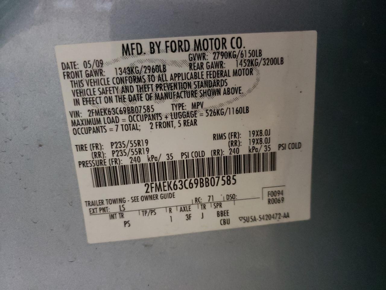 Photo 10 from auction – 2009 FORD FLEX LIMIT with VIN 2FMEK63C69BB07585
