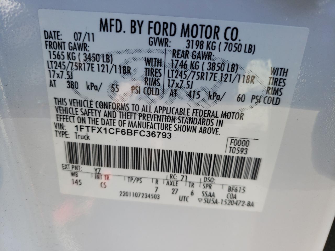 Photo 10 from auction – 2011 FORD F150 SUPER with VIN 1FTFX1CF6BFC36793