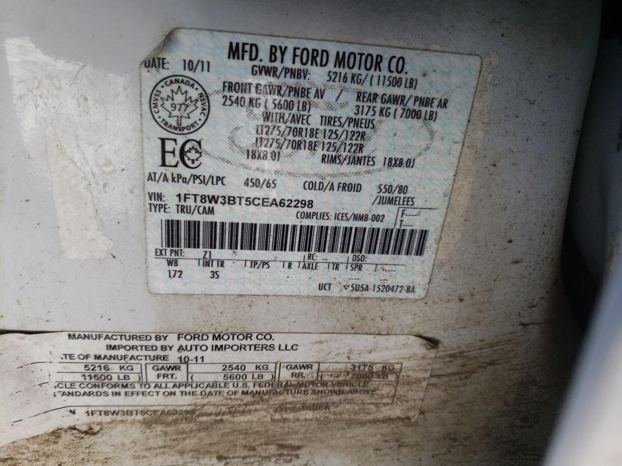 Photo 10 from auction – 2012 FORD F350 SUPER with VIN 1FT8W3BT5CEA62298