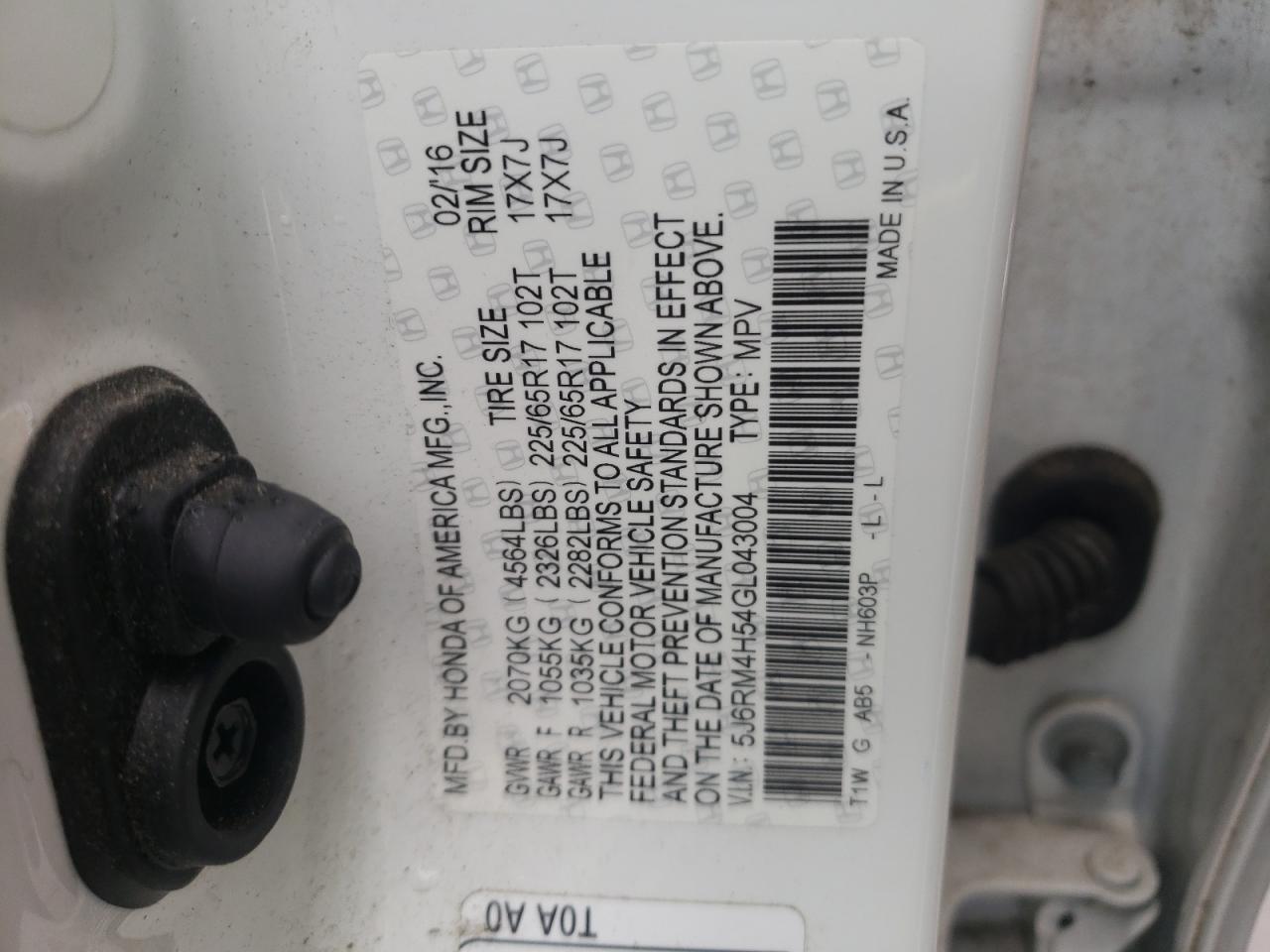 Photo 10 from auction – 2016 HONDA CR-V EX with VIN 5J6RM4H54GL043004