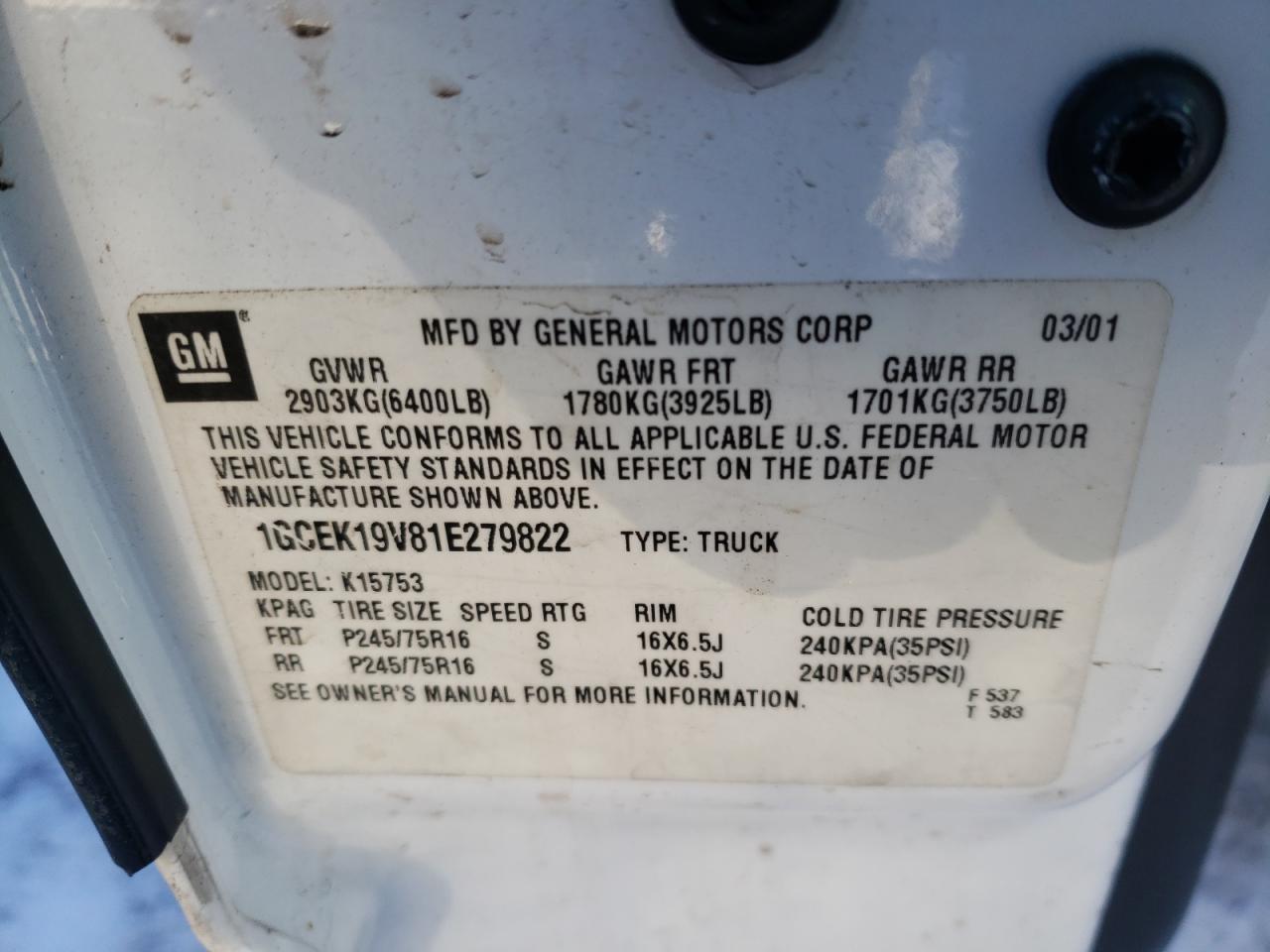 Photo 10 from auction – 2001 CHEVROLET SILVERADO with VIN 1GCEK19V81E279822