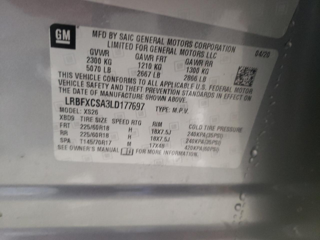 Photo 10 from auction – 2020 BUICK ENVISION E with VIN LRBFXCSA3LD177697