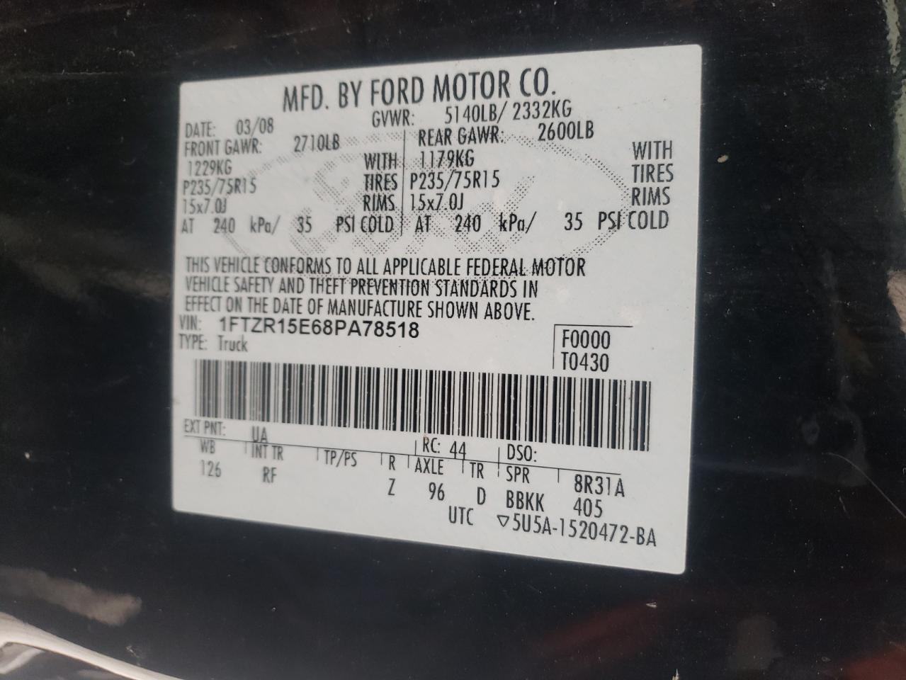 Photo 10 from auction – 2008 FORD RANGER SUP with VIN 1FTZR15E68PA78518