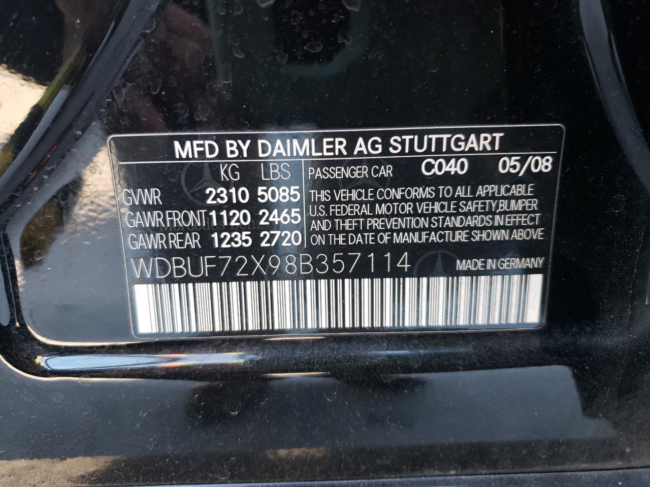 Photo 10 from auction – 2008 MERCEDES-BENZ E 550 with VIN WDBUF72X98B357114