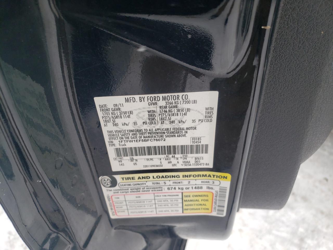 Photo 10 from auction – 2011 FORD F150 SUPER with VIN 1FTFW1EF5BFC76072