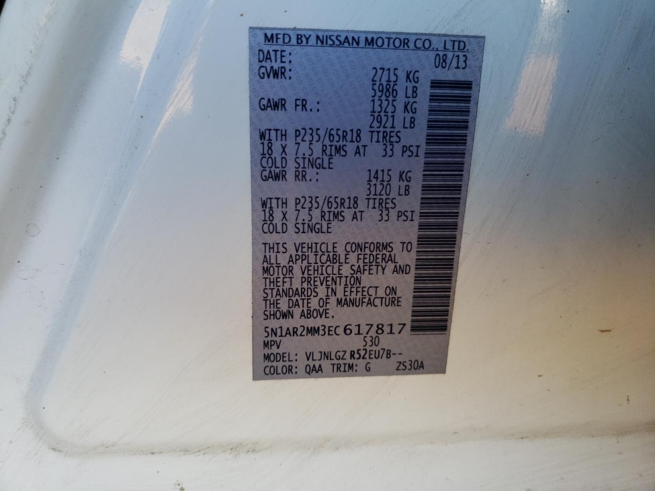Photo 10 from auction – 2014 NISSAN PATHFINDER with VIN 5N1AR2MM3EC617817