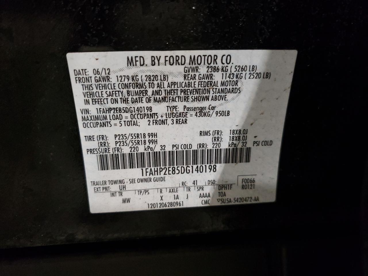 Photo 10 from auction – 2013 FORD TAURUS SEL with VIN 1FAHP2E85DG140198