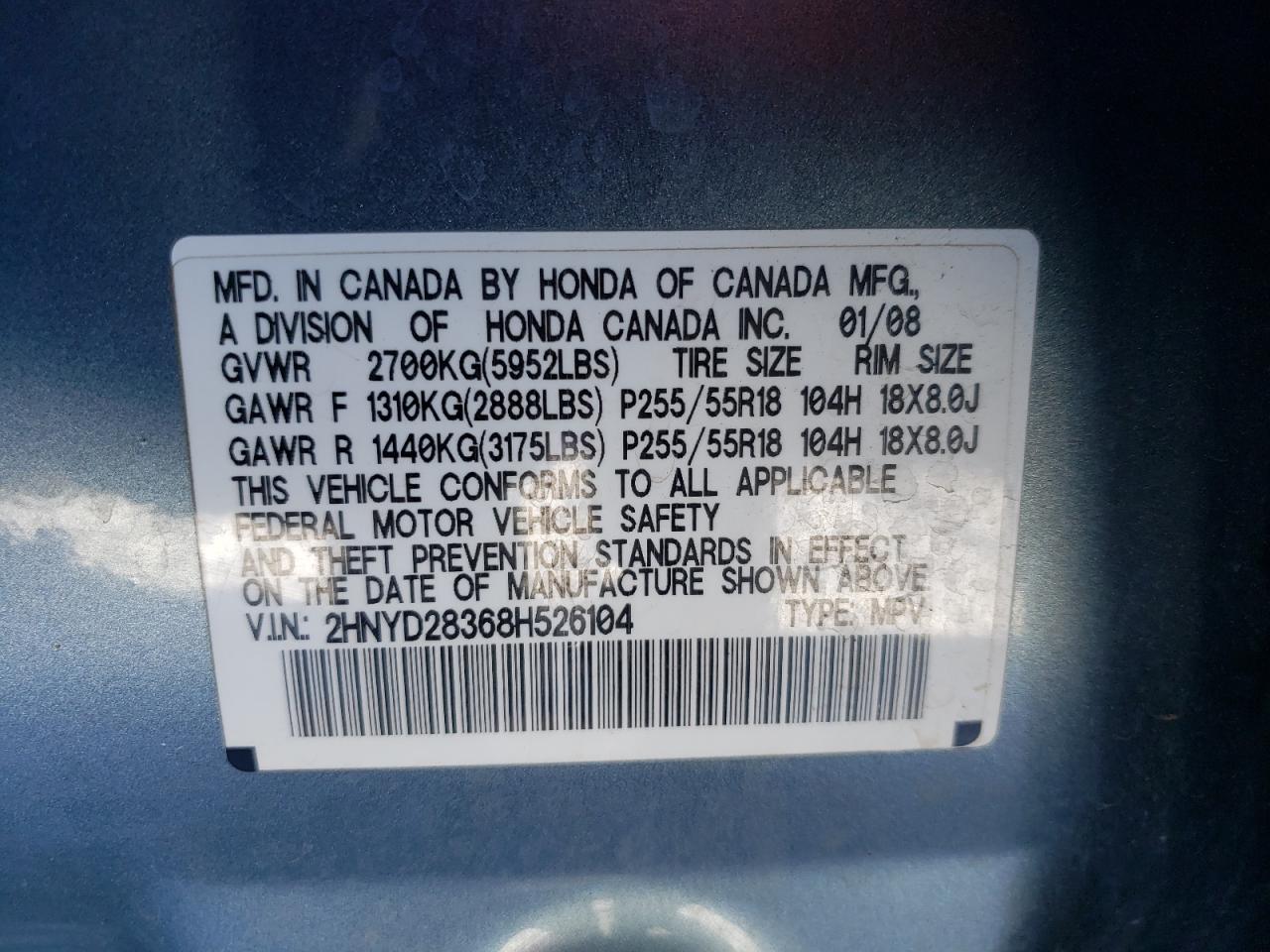 Photo 10 from auction – 2008 ACURA MDX TECHNO with VIN 2HNYD28368H526104