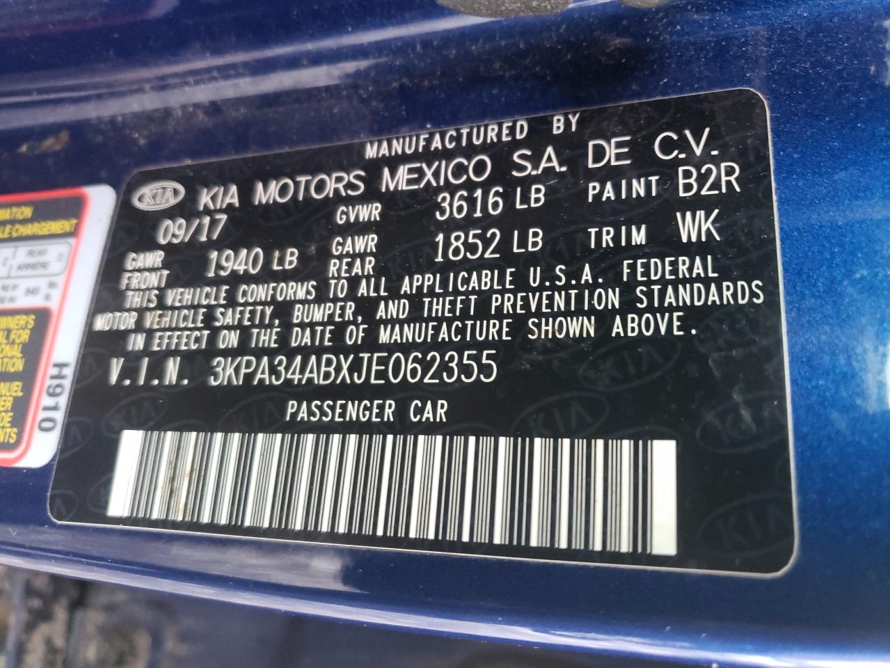 Photo 10 from auction – 2018 KIA RIO with VIN 3KPA34ABXJE062355