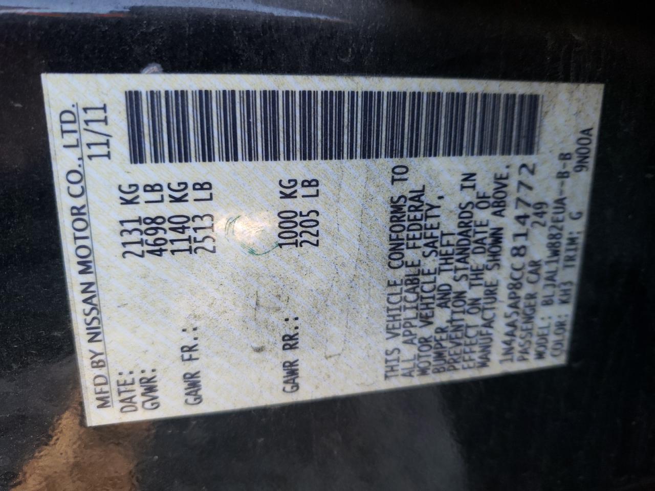 Photo 10 from auction – 2012 NISSAN MAXIMA S with VIN 1N4AA5AP8CC814772