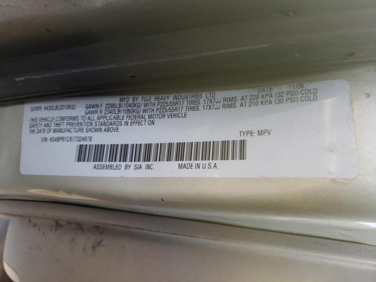 Photo 10 from auction – 2007 SUBARU LEGACY OUT with VIN 4S4BP61C677324678