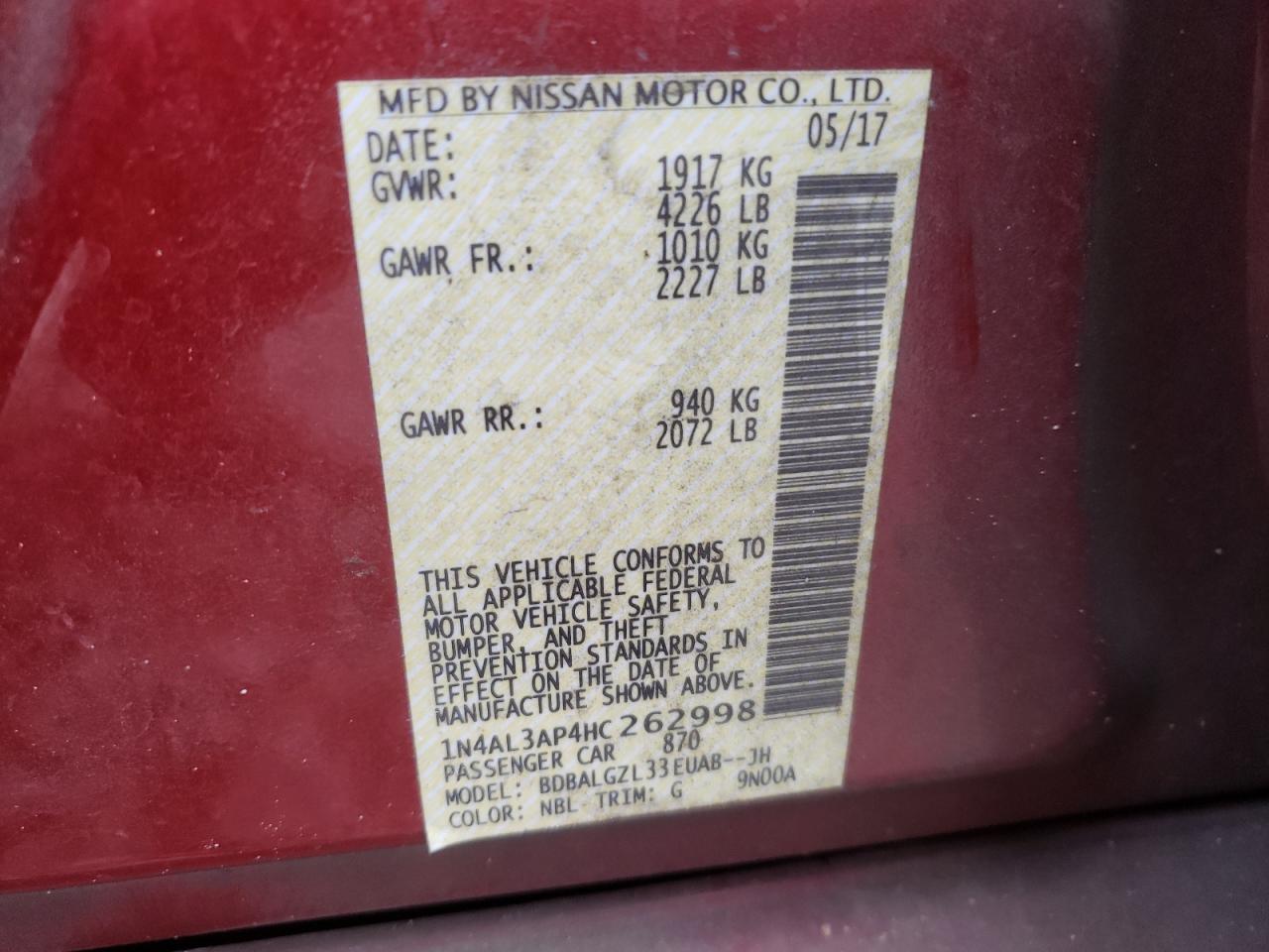 Photo 10 from auction – 2017 NISSAN ALTIMA 2.5 with VIN 1N4AL3AP4HC262998