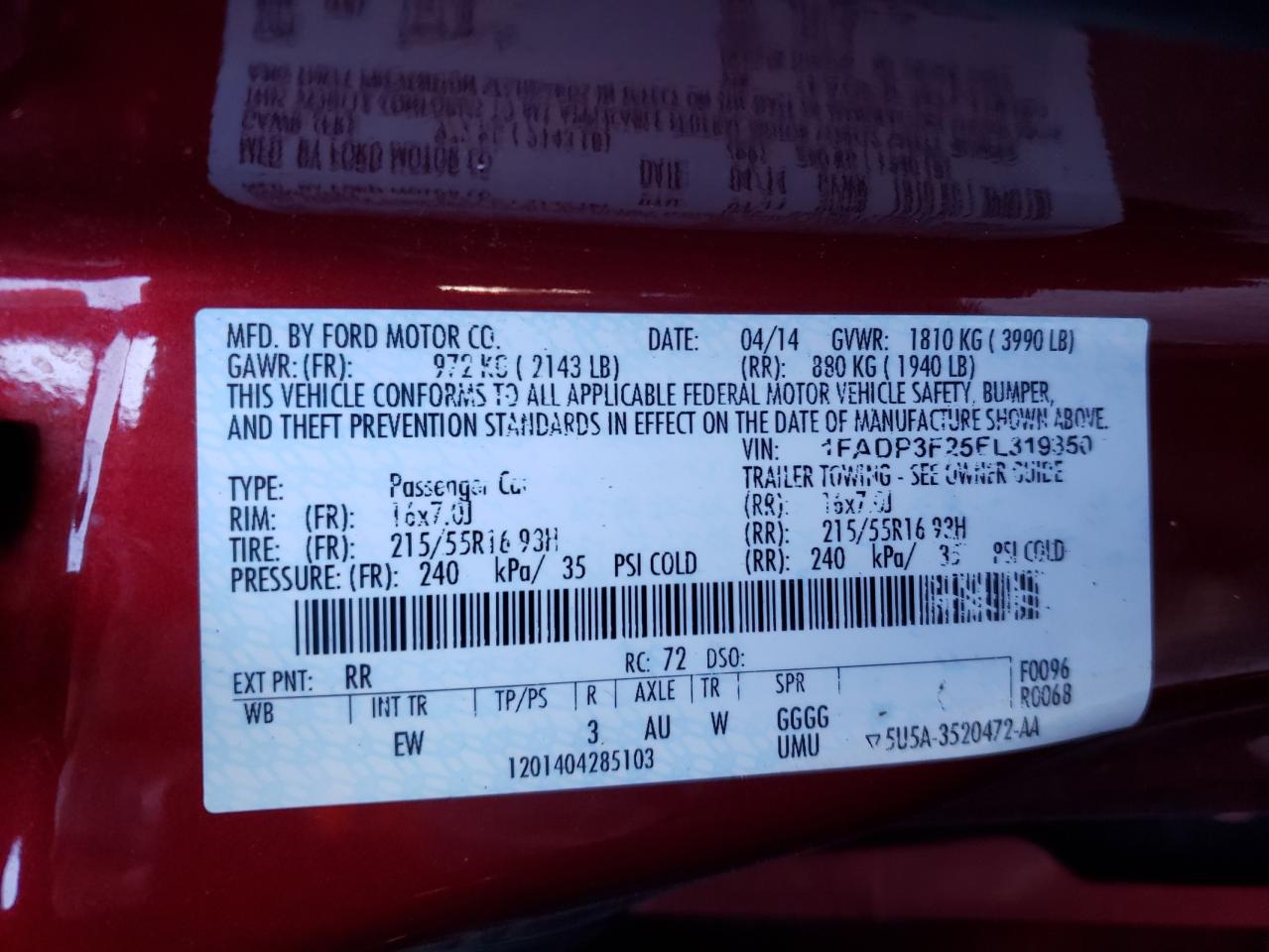 Photo 10 from auction – 2014 FORD FOCUS SE with VIN 1FADP3F25EL319350