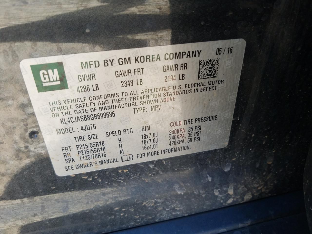 Photo 10 from auction – 2016 BUICK ENCORE with VIN KL4CJASB8GB698686