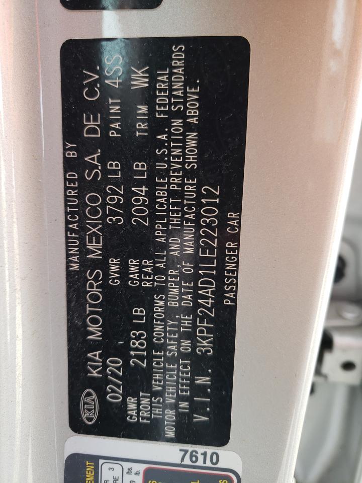 Photo 10 from auction – 2020 KIA FORTE FE with VIN 3KPF24AD1LE223012