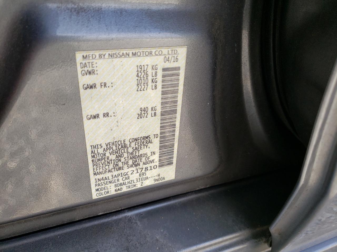 Photo 10 from auction – 2016 NISSAN ALTIMA 2.5 with VIN 1N4AL3AP1GC217810