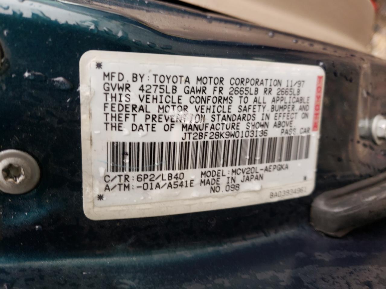 Photo 10 from auction – 1998 TOYOTA CAMRY LE with VIN JT2BF28K9W0103136