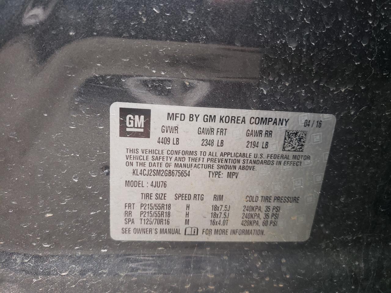Photo 10 from auction – 2016 BUICK ENCORE SPO with VIN KL4CJ2SM2GB675654