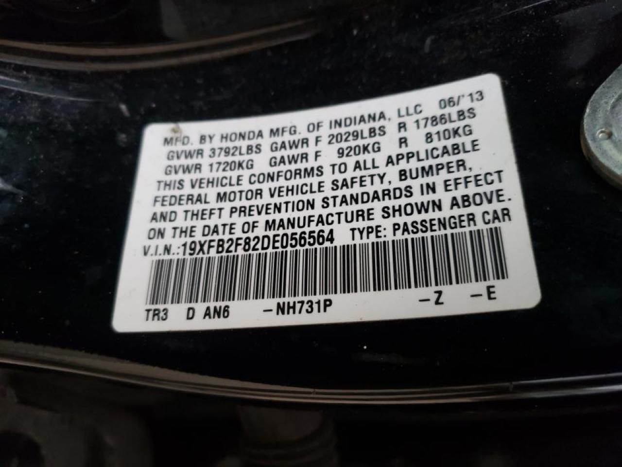 Photo 10 from auction – 2013 HONDA CIVIC EX with VIN 19XFB2F82DE056564