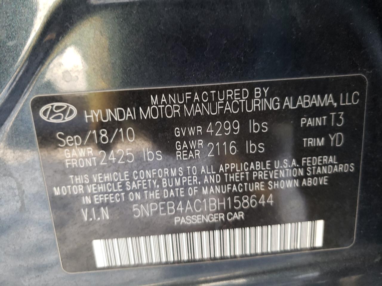 Photo 10 from auction – 2011 HYUNDAI SONATA GLS with VIN 5NPEB4AC1BH158644