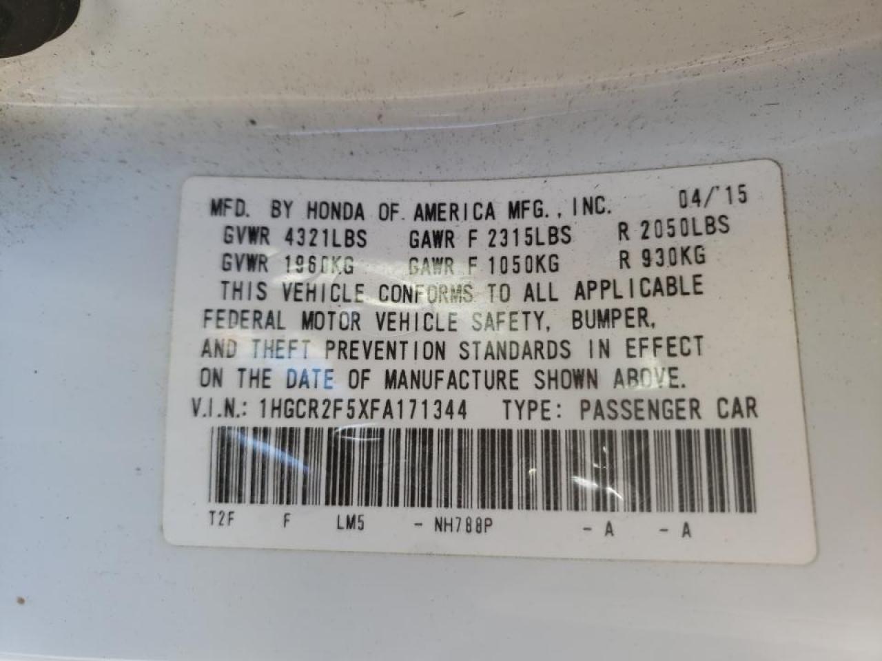 Photo 10 from auction – 2015 HONDA ACCORD SPO with VIN 1HGCR2F5XFA171344
