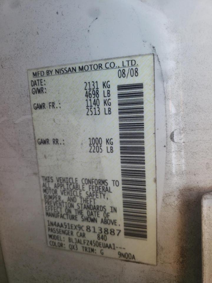 Photo 10 from auction – 2009 NISSAN MAXIMA S with VIN 1N4AA51EX9C813887