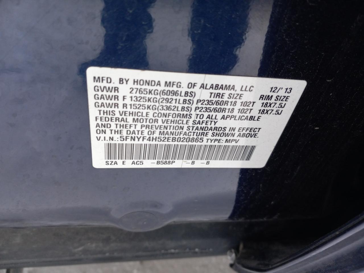 Photo 10 from auction – 2014 HONDA PILOT EXL with VIN 5FNYF4H52EB020865