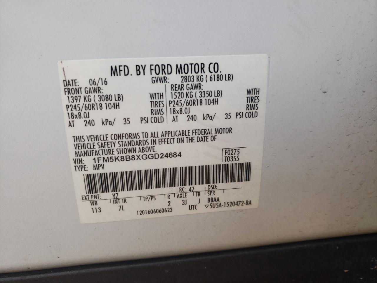 Photo 10 from auction – 2016 FORD EXPLORER with VIN 1FM5K8B8XGGD24684