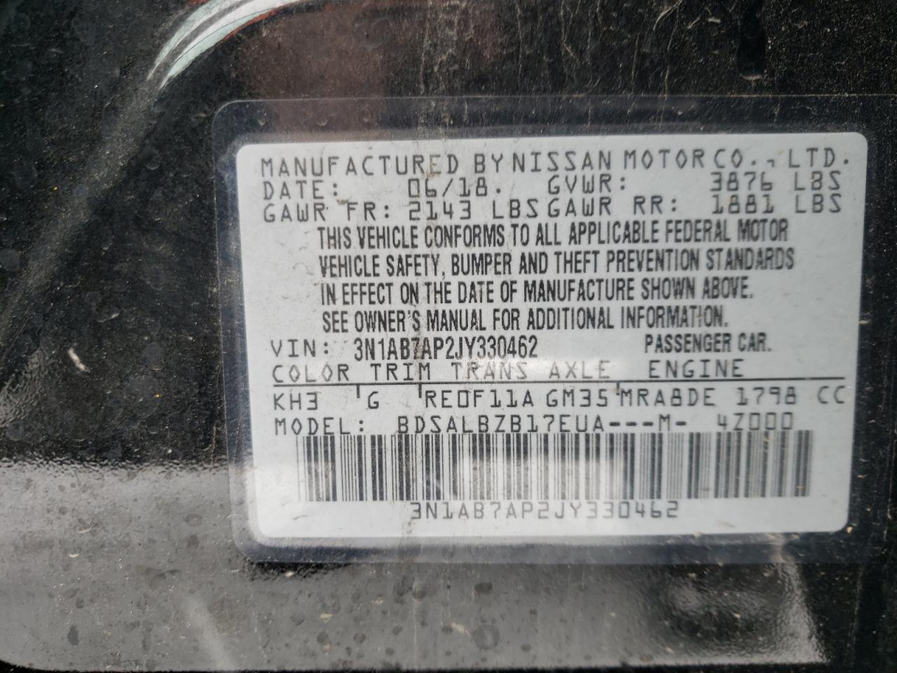 Photo 10 from auction – 2018 NISSAN SENTRA S with VIN 3N1AB7AP2JY330462