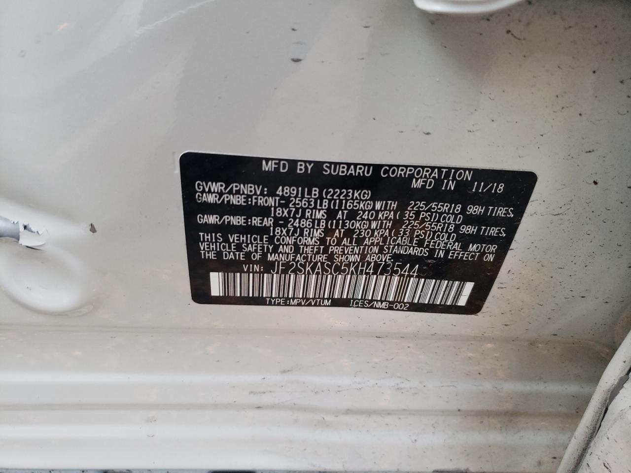 Photo 10 from auction – 2019 SUBARU FORESTER L with VIN JF2SKASC5KH473544