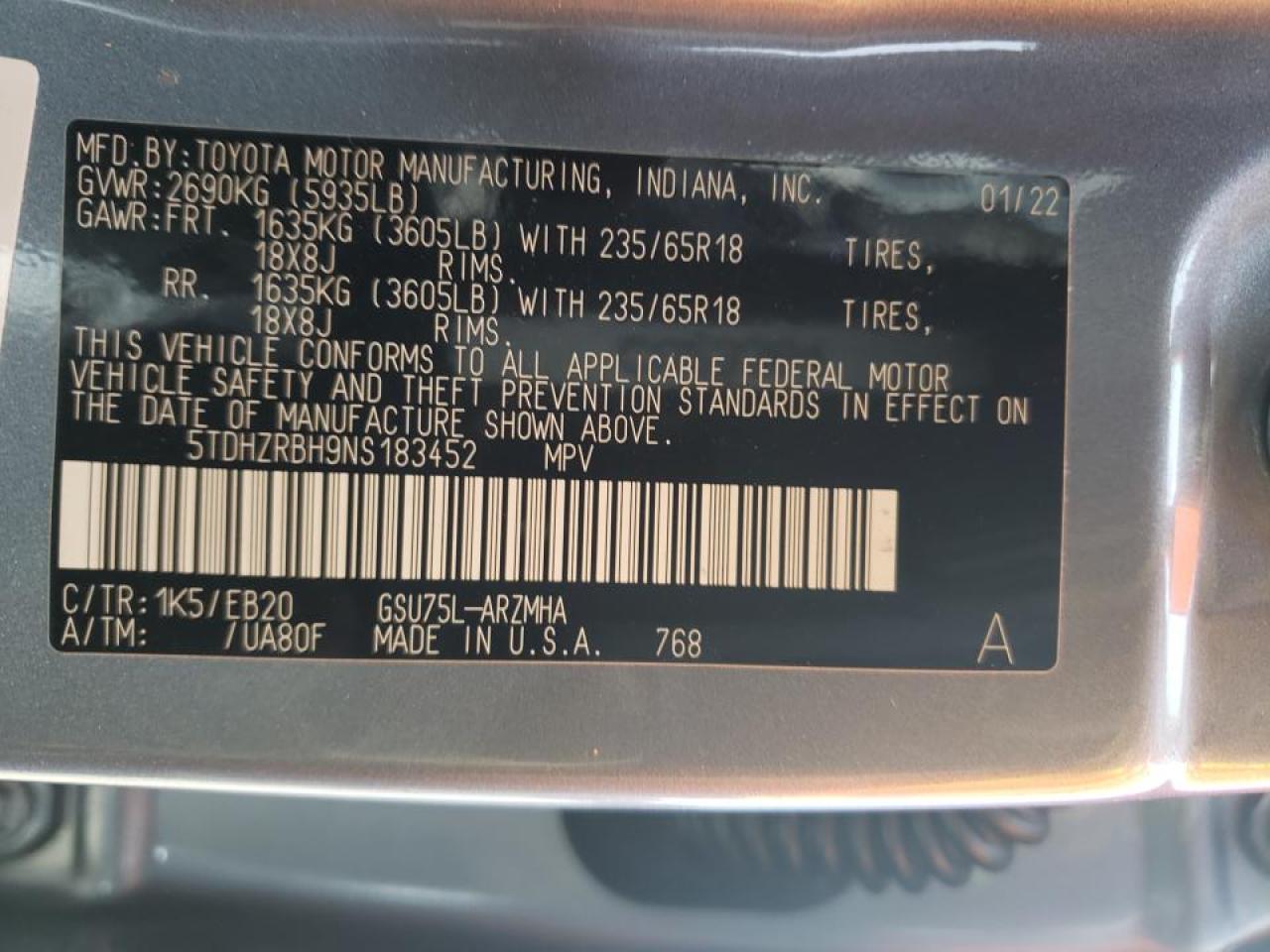Photo 10 from auction – 2022 TOYOTA HIGHLANDER with VIN 5TDHZRBH9NS183452