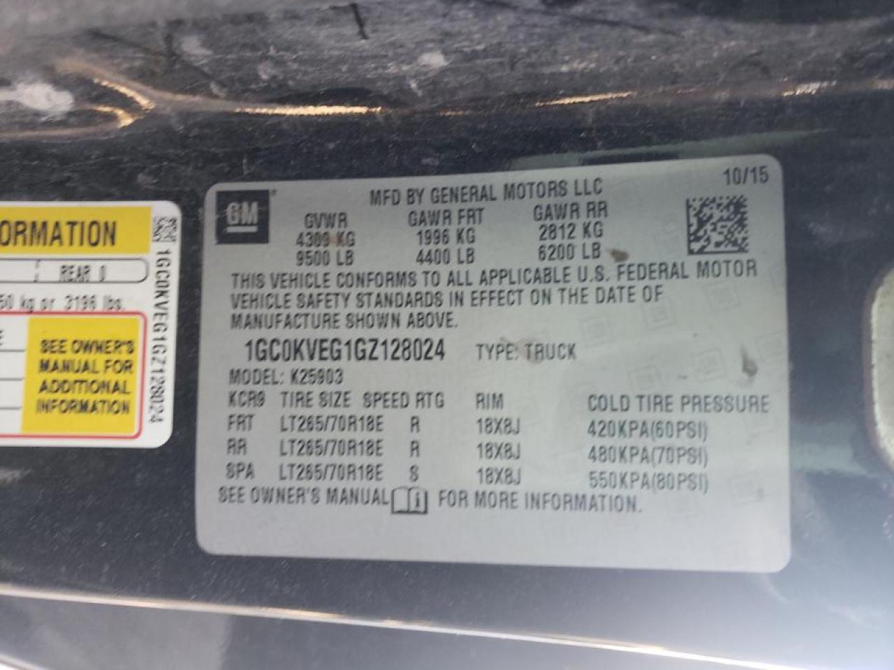 Photo 10 from auction – 2016 CHEVROLET SILVERADO with VIN 1GC0KVEG1GZ128024