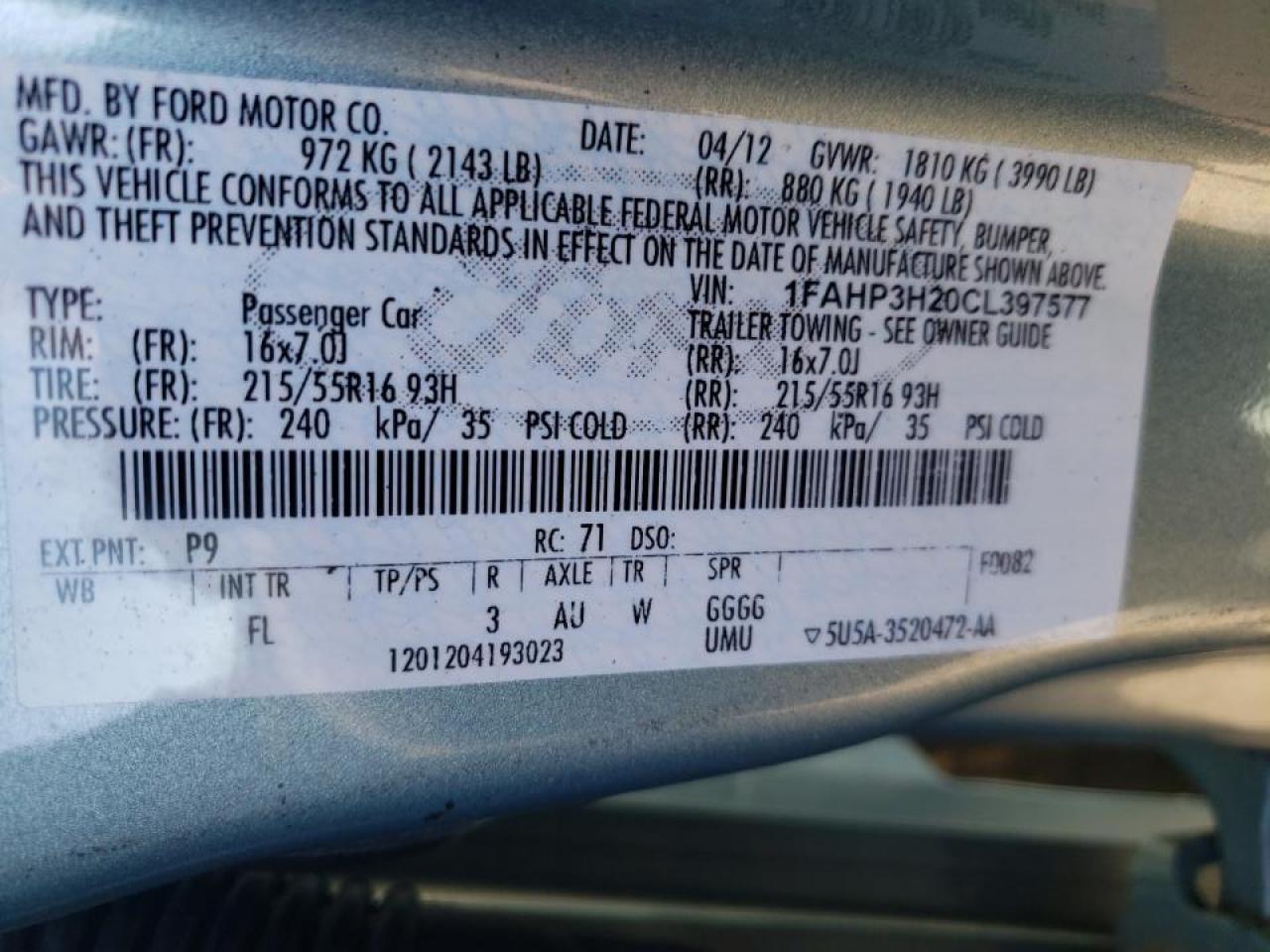 Photo 10 from auction – 2012 FORD FOCUS SEL with VIN 1FAHP3H20CL397577