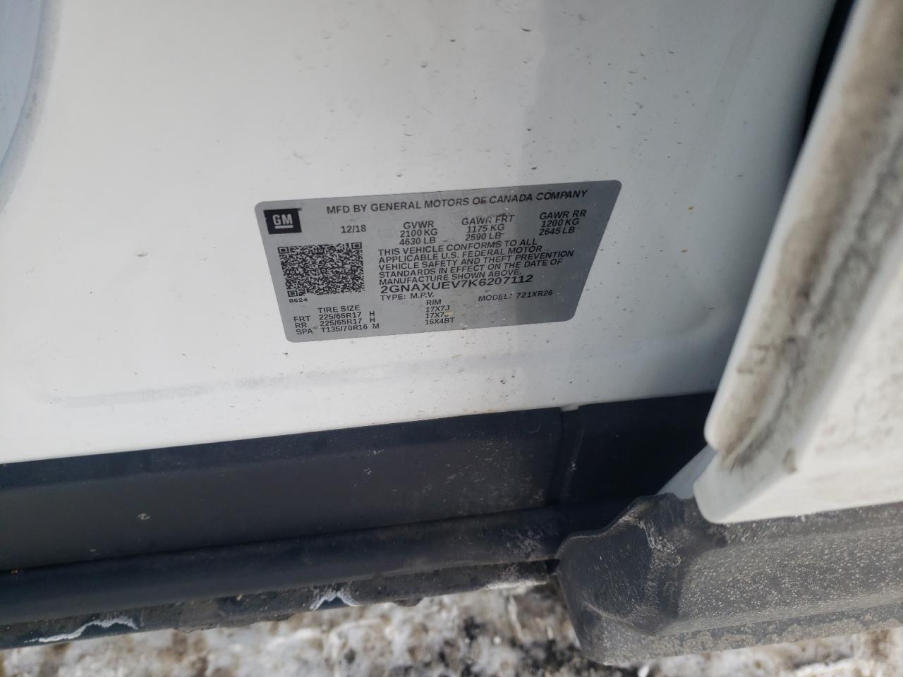 Photo 10 from auction – 2019 CHEVROLET EQUINOX LT with VIN 2GNAXUEV7K6207112
