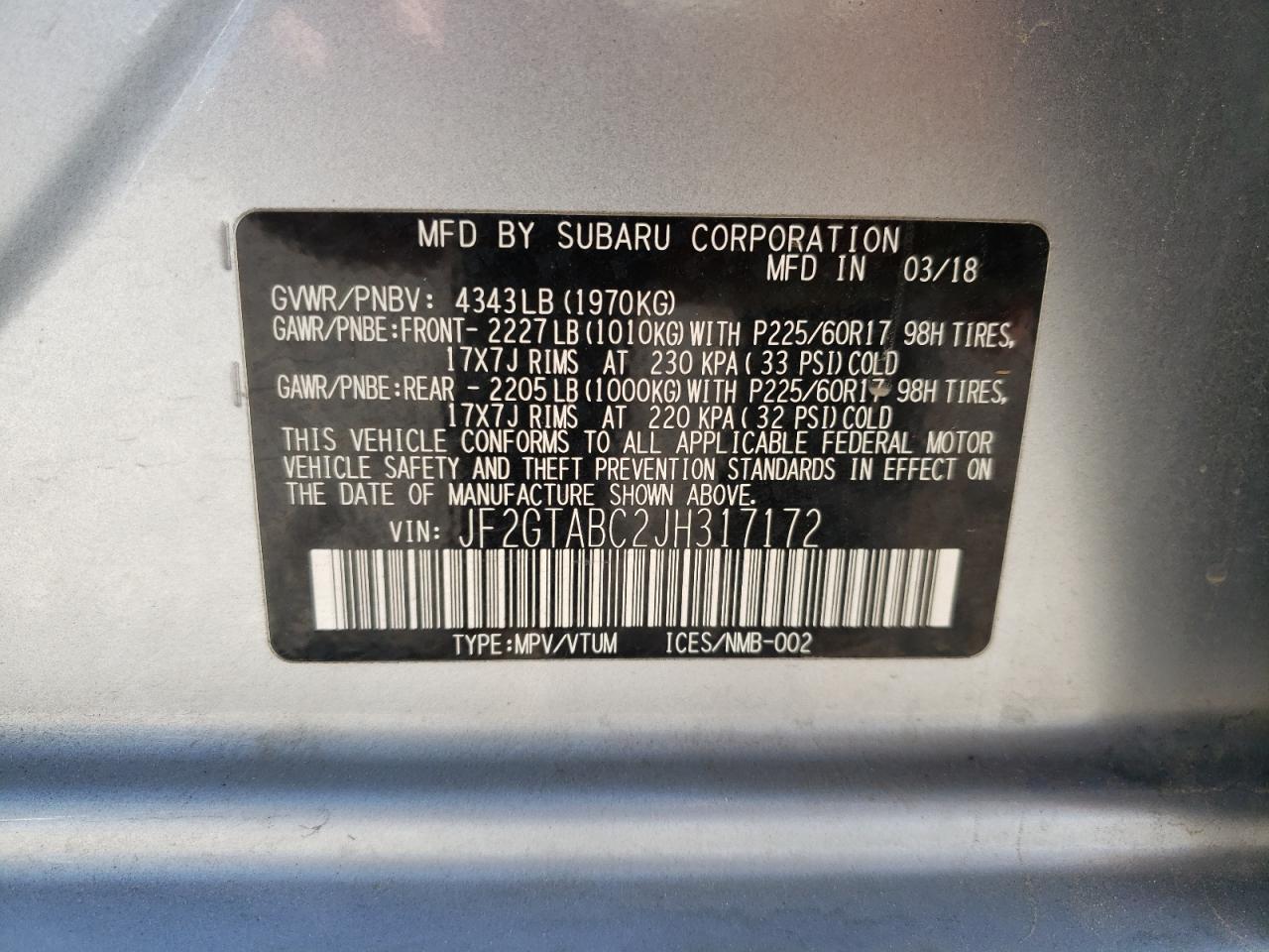 Photo 10 from auction – 2018 SUBARU CROSSTREK with VIN JF2GTABC2JH317172