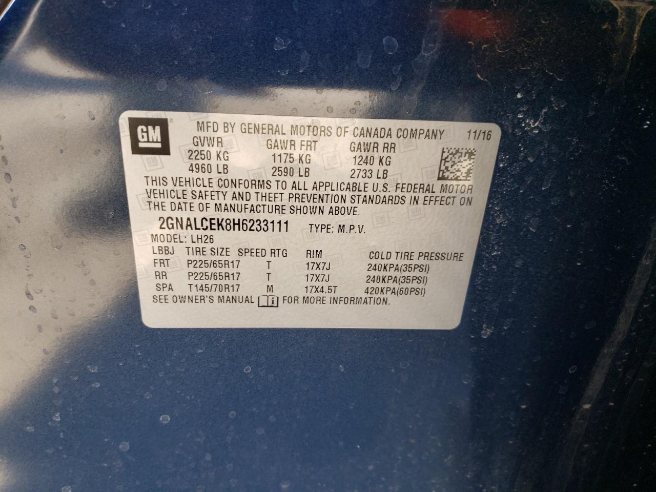 Photo 10 from auction – 2017 CHEVROLET EQUINOX LT with VIN 2GNALCEK8H6233111