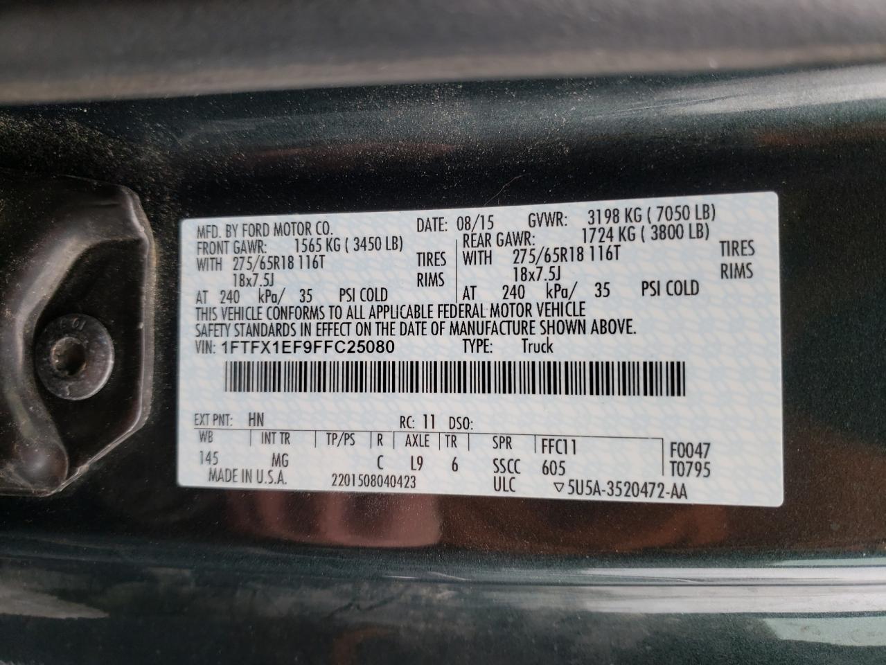 Photo 10 from auction – 2015 FORD F150 SUPER with VIN 1FTFX1EF9FFC25080