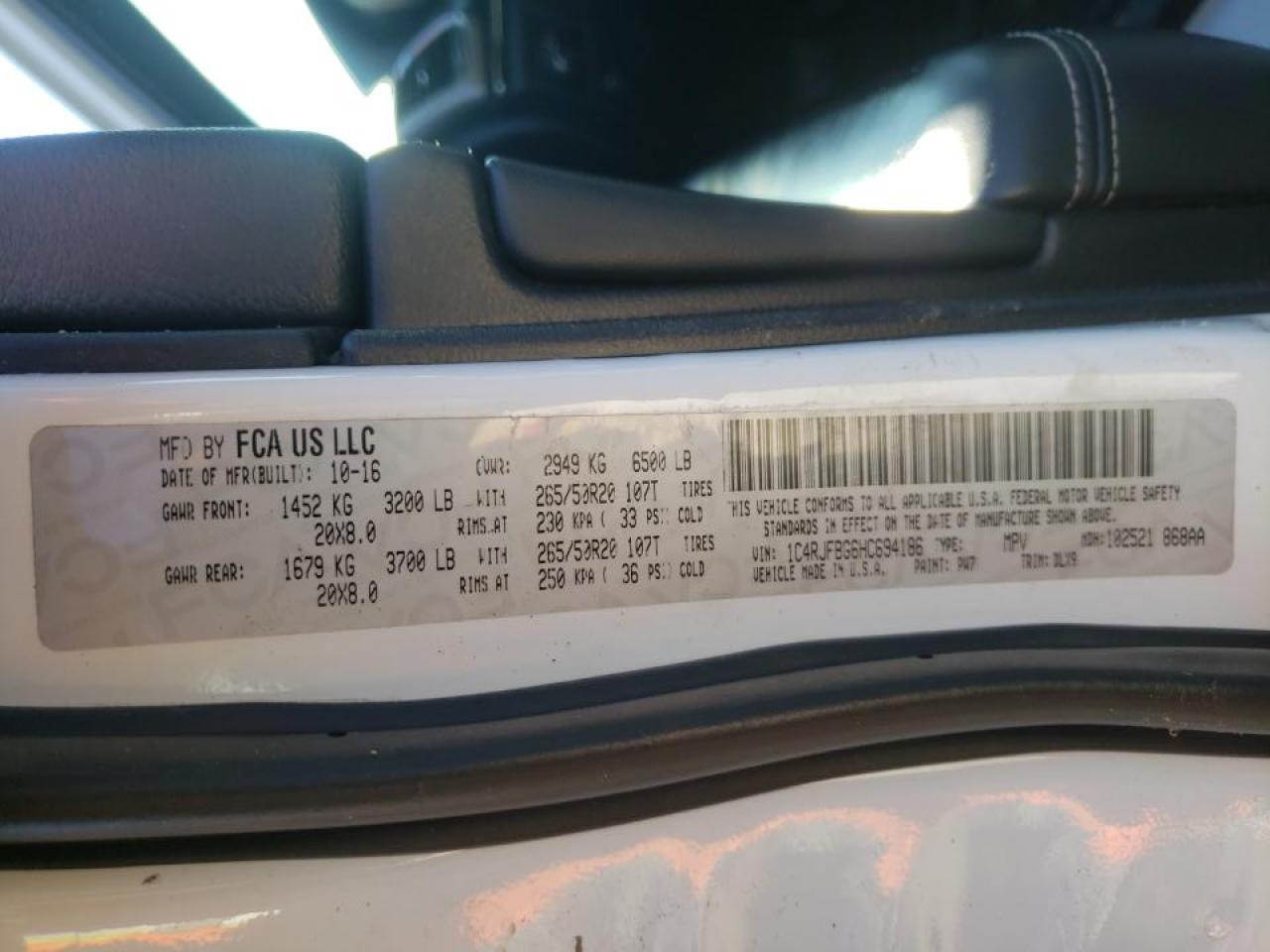 Photo 10 from auction – 2017 JEEP GRAND CHER with VIN 1C4RJFBG6HC694186