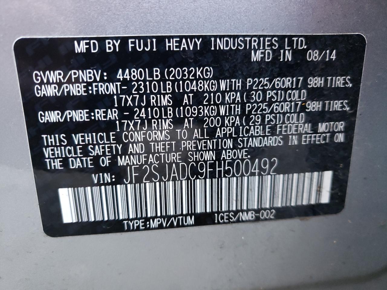 Photo 10 from auction – 2015 SUBARU FORESTER 2 with VIN JF2SJADC9FH500492