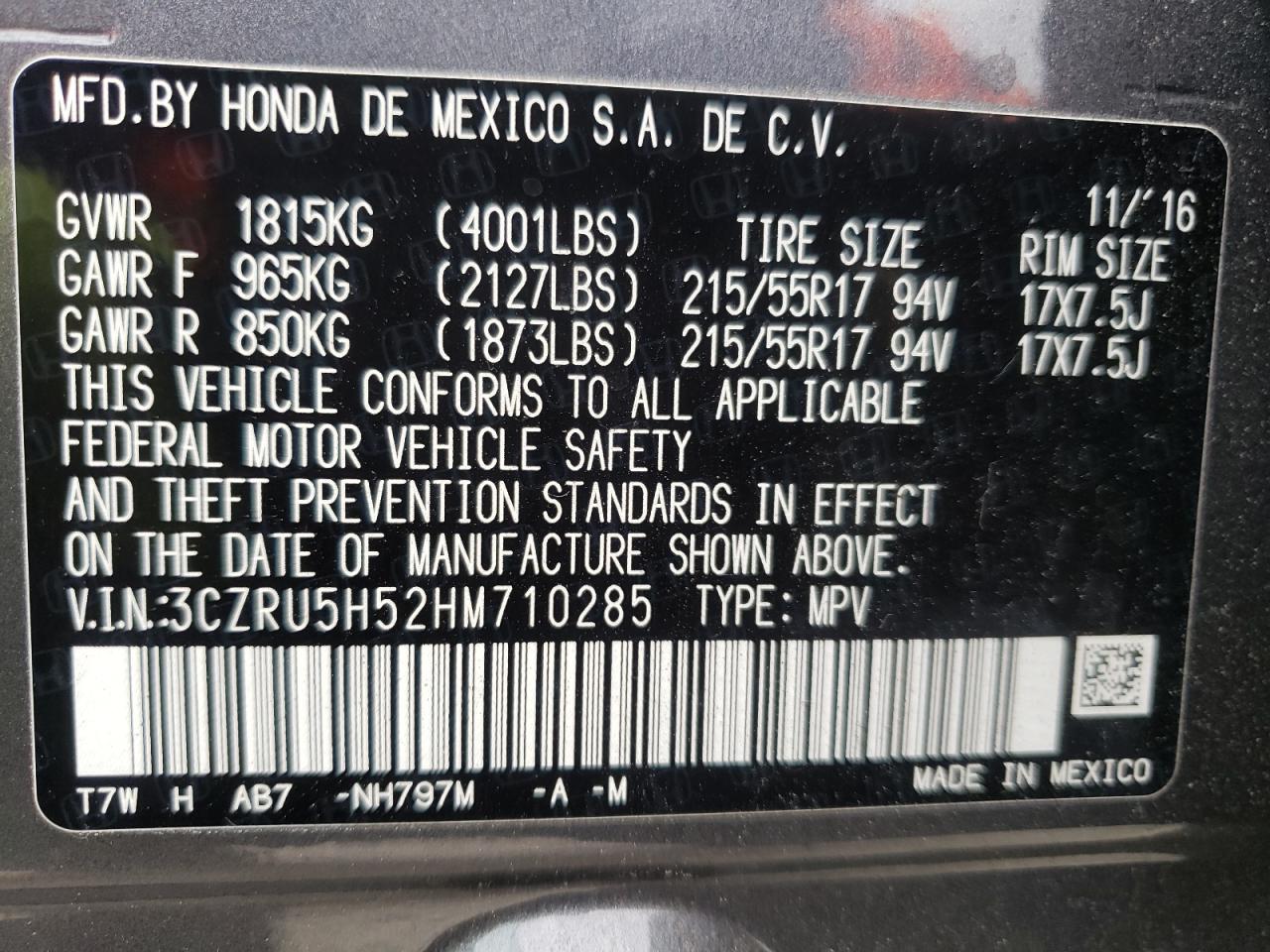 Photo 10 from auction – 2017 HONDA HR-V EX with VIN 3CZRU5H52HM710285