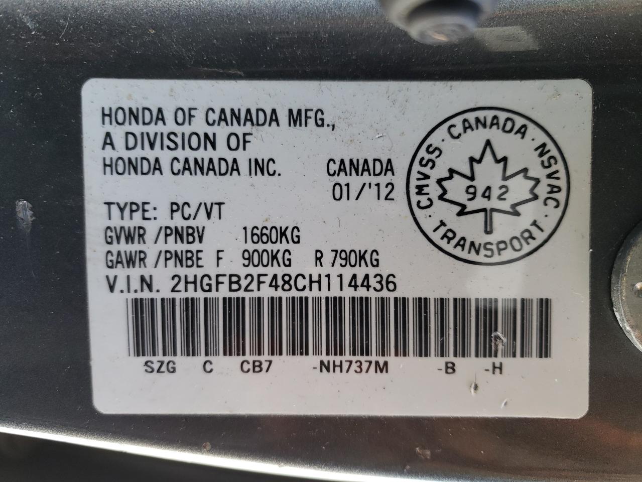 Photo 10 from auction – 2012 HONDA CIVIC LX with VIN 2HGFB2F48CH114436